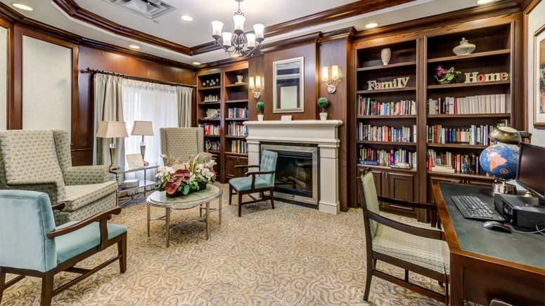 A beautiful library at Laurel Heights, independent living for seniors