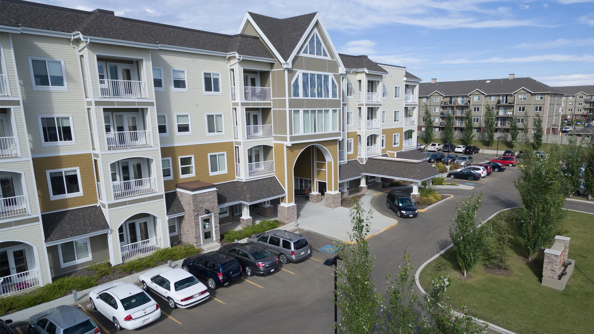 Exterior drone shot of Laurel Heights retirement home